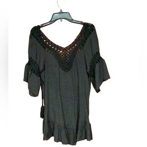 Boho Crochet Womens Black Low Back Feather Beaded Fringe Back Tie swimsuit cover